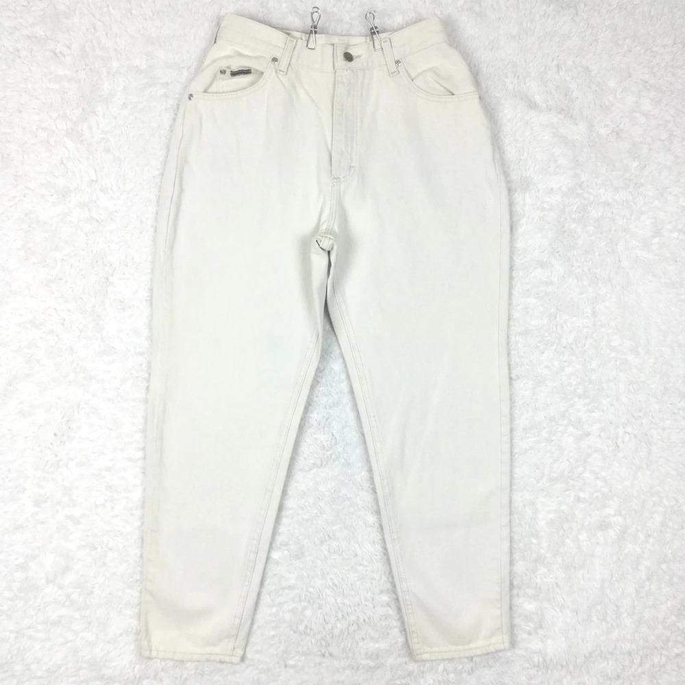 Vtg Lee Womens Mom Jeans Relaxed Fit Riveted Cream Denim Tapered High Petite 12P